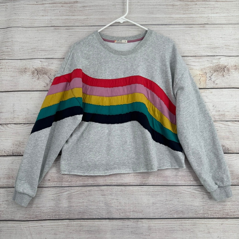 Marine Layer Sweatshirt Women M Grey Rainbow Wavy Stripe Cropped 15565